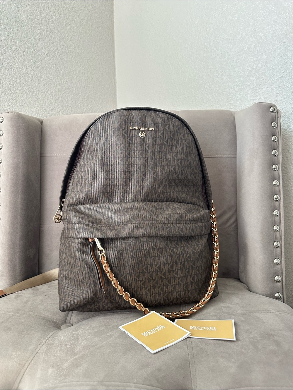 Michael Kors Brown Logo Chain-Accent Backpack